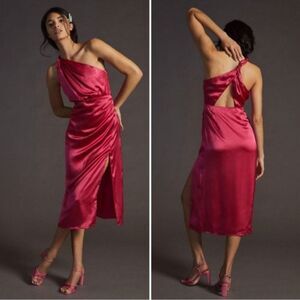 NWT Anthropologie One-Shoulder Silk Midi Dress in Pink NEW